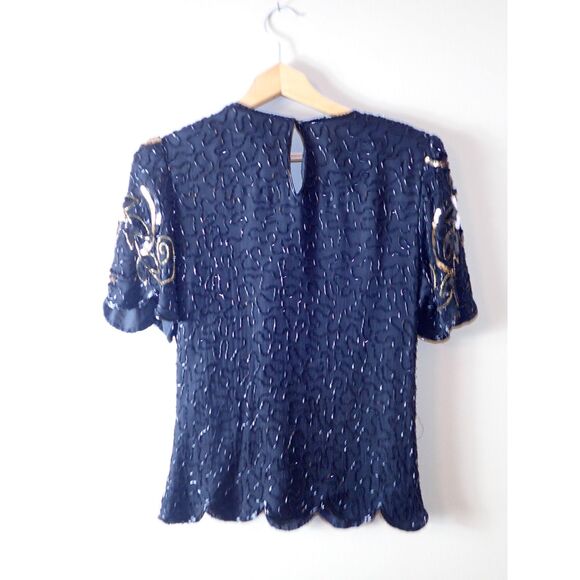 Mark & John by Gopal Pure Silk Vintage Beaded Blouse Black Sequin Beaded Medium - Picture 5 of 9